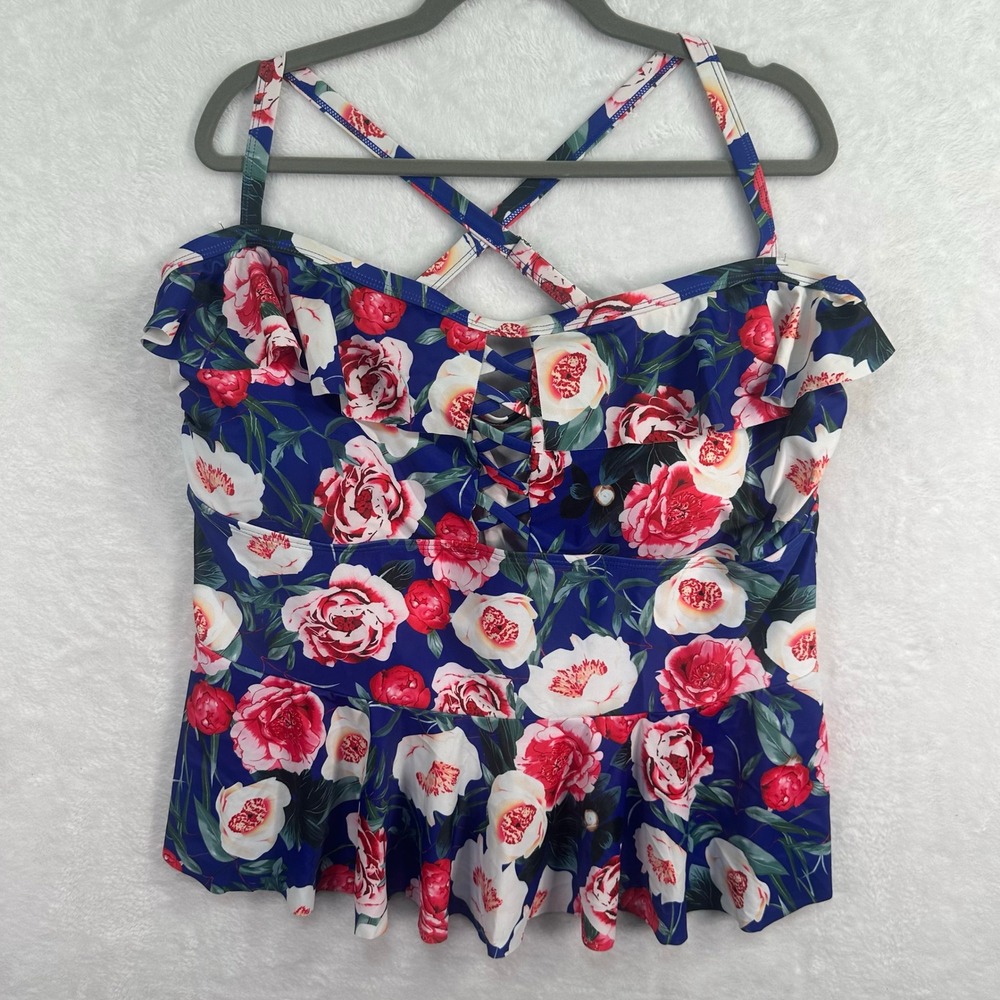 Tankini Swimsuit Women 4XL Blue Floral Two Piece Adjustable Straps Peplum Top - Picture 2 of 10